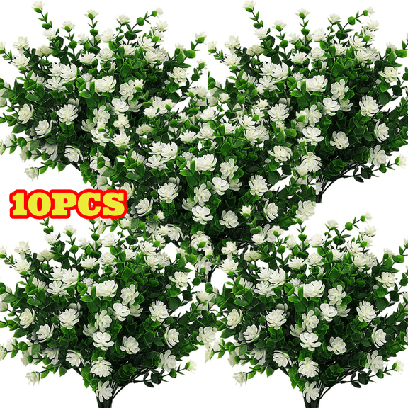 10 Bundles Eucalyptus Artificial Flowers, Plastic Fake Flowers UV Resistant Shrubs for Outdoor Indoor Decorations