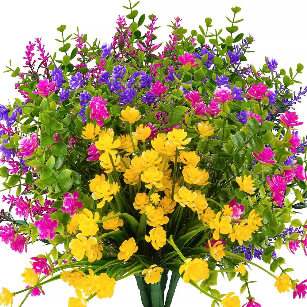 10 Bundles Outdoor Artificial Fake Flowers UV Resistant No Fade Boxwood Faux Plastic Shrubs Plants for Garden Patio Porch Window Box Home Wedding Farmhouse Hanging Decor