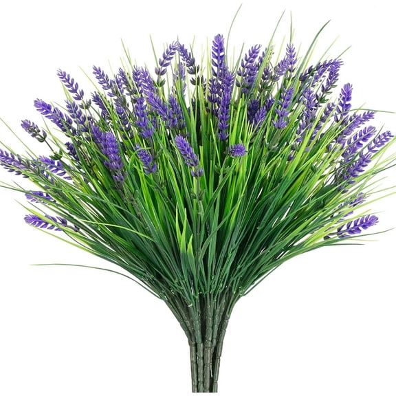 10 Bundles Outdoor Artificial Plants, UV Resistant Fake Monkey Grass, Faux Purple Lavender Flowers, No Fade Plastic Greenery for Pot, Garden, Patio, Porch, Window Box, Home, Hanging Planter