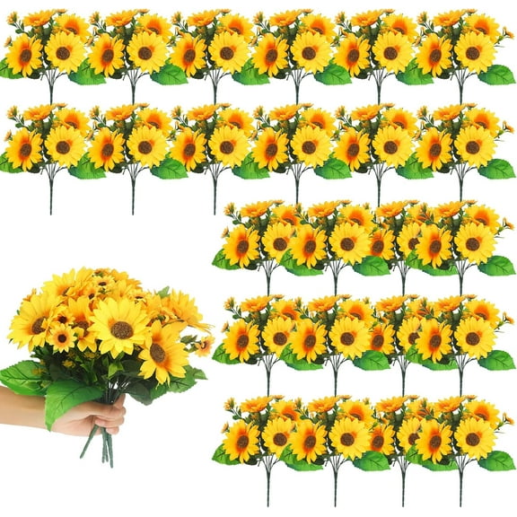 10 Bundles Sunflower Artificial Flower with Stems Bouquet Fake Plants Bulk UV Resistant Plastic Greenery Faux Outdoor Flower No Fade for Garden Porch Window Box Decorating