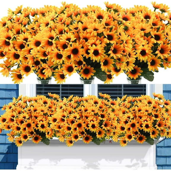 10 Bundles Sunflowers Artificial Flowers Daisy Mums 24 Stems Fake Fall Flowers Outdoor UV Resistant No Fade Shrubs for Indoor Outside Home Wedding Office DIY Garden Fall Decor (Yellow)