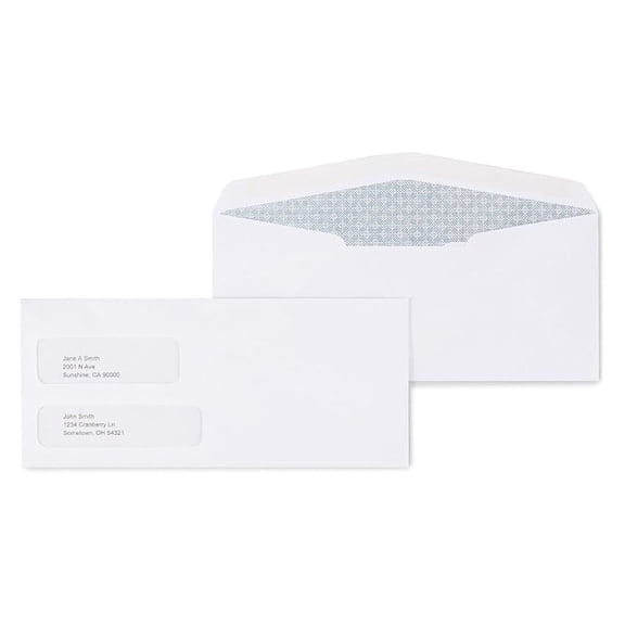 #10 Business Envelopes, Double-Window, Security-Tinted Gummed Closure, 9.5 x 4.125 Inch, 500-Pack, White