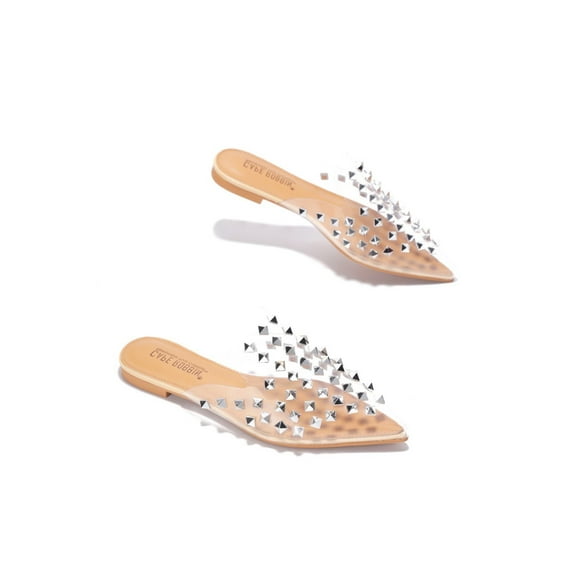 Cape Robbin Enny Mules Slip On Flat Sandals Clear Pointed toe Embellished Slides (Clear, 10)