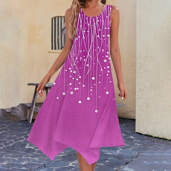 Under $10 Cagogo Summer Tank Sun Dresses for Womens Asymmetric Hem Sleeveless Flowy Aline Swing Boho Tank Wedding Guest Dresses Plus Size Floral Printed Midi Beach Vacation Dress