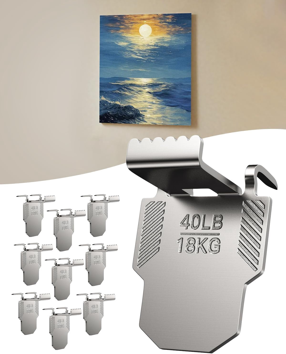 10 Canvas Hangers for Drywall Claw H s: Heavy Duty Damage Free Holds up to 40 lb 18"x24" Large Canvas Picture Frame Hanger Kit - Wall Hanging H Easy Removable for Room Décor