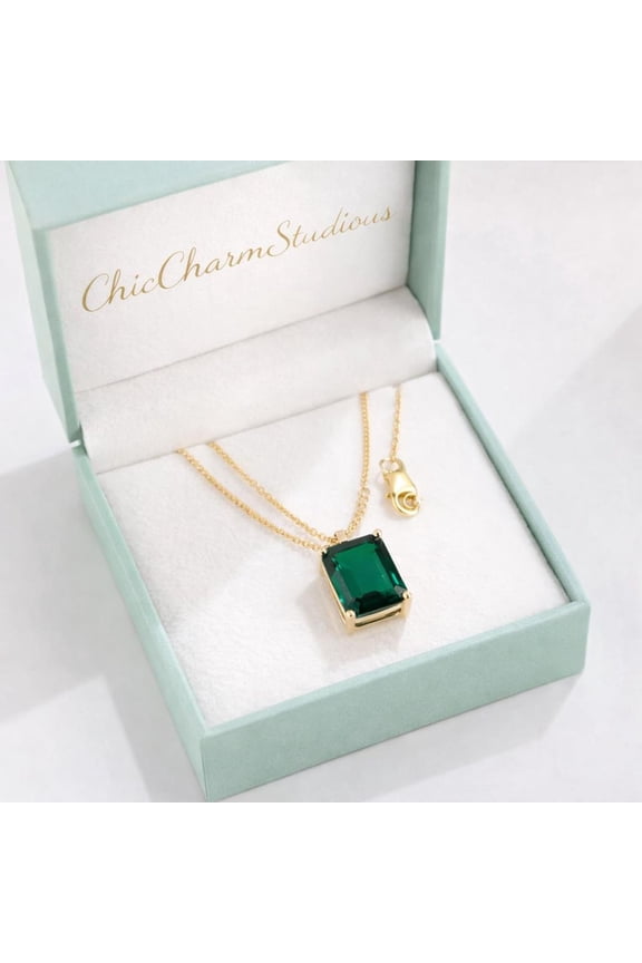 10 Carat Emerald Cut Emerald Pendant Necklace May Birthstone Gold Plated Jewelry For Ladies