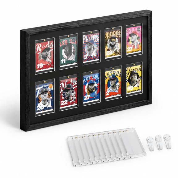 10-Card Wooden Sports Trading Card Display Frame with Tempered Glass