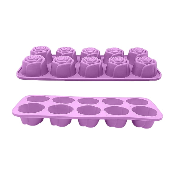 10 Cavity Rose Silicone Mold for Chocolate Candy Ice Soap Candle Cupcake Toppers, Flexible Flower Baking Mold for Valentines Day Desserts and Party Treats, Purple