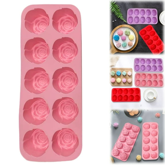 10 Cavity Rose Silicone for Candles Soap Making Ice Cube Heat & Cold Baking with Easy Release & Cleaning10 flower silicone mousse mold pink A
