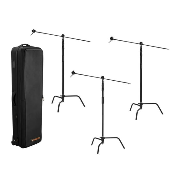 Flashpoint 10' Century Light C-Stand, Black, 3-Pack, Bundle with Slinger L6 BigBag C-Stand Rolling Kit Bag