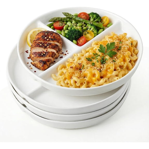 10" Ceramic Divided Plates Set of 4 - Large 3 Compartment Portion Control Plates for Adults , Bariatric Dinner Plates for Balanced Meal Prep, Microwave Dishwasher Freezer Safe, White