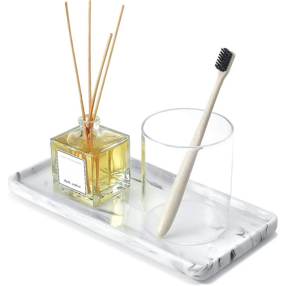 10" Ceramic White Marble Tray for Bathroom Rectangle, Large Vanity Tray, Kitchen Tray Dispenser Organizer, Marble White