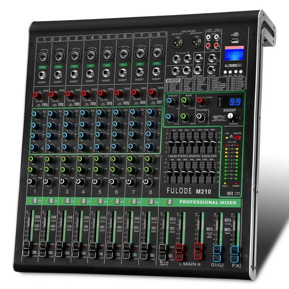 10 Channel Mixer Audio, Professional Music Sound PA Mixer DJ Mixing Board Console with 99 DSP Effects, Dual 7-Band EQ, Bluetooth, USB Interface, PAD, MUTE Button for Recording Stage Karaoke