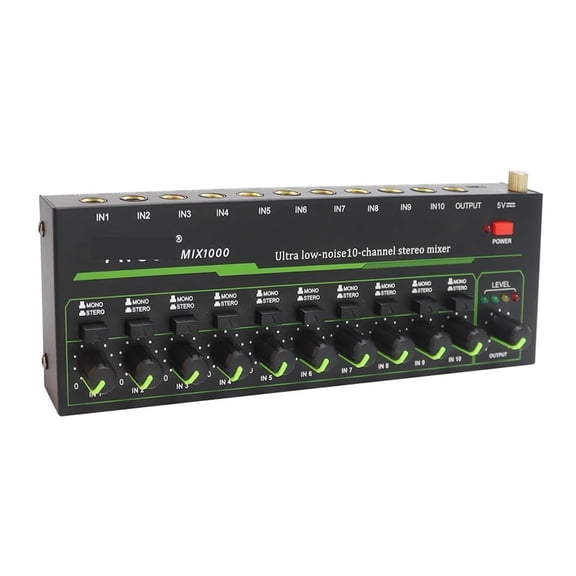 10 Channel Mixer - Mini 10 Stereo Mixer, Low-Noise For Precision Sub-Mixing,1/4" TRS Input/Output For Mics ,Easy to Operate