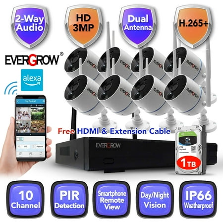 10 Channels, 3MP Wireless Security Camera System with Audio,8Pcs Surveillance NVR Kits, 1TB Hard Drive, Indoor Outdoor CCTV Cameras,P2P,Night Vision,AI Human DetectionCAM-WIFI-8CHS-WFS)