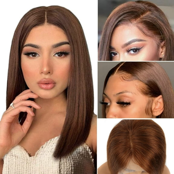 10" Chocolate Brown Lace Front Bob Wigs Human Hair Straight, 13x4 Brown Lace Frontal Bob Wig