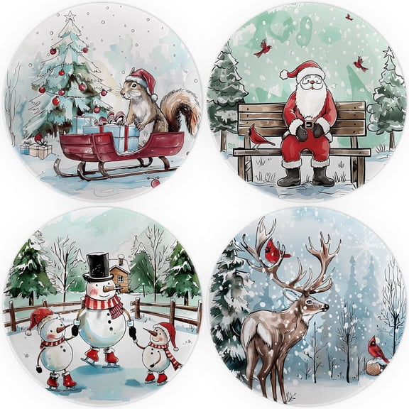 10" Christmas Melamine Plate Set Dishwasher-Safe, Festive Round Plates with Santa, Snowman, Reindeer & Squirrel Watercolor Designs Holiday Dinnerware for Table Decor & Parties (Set of 4)