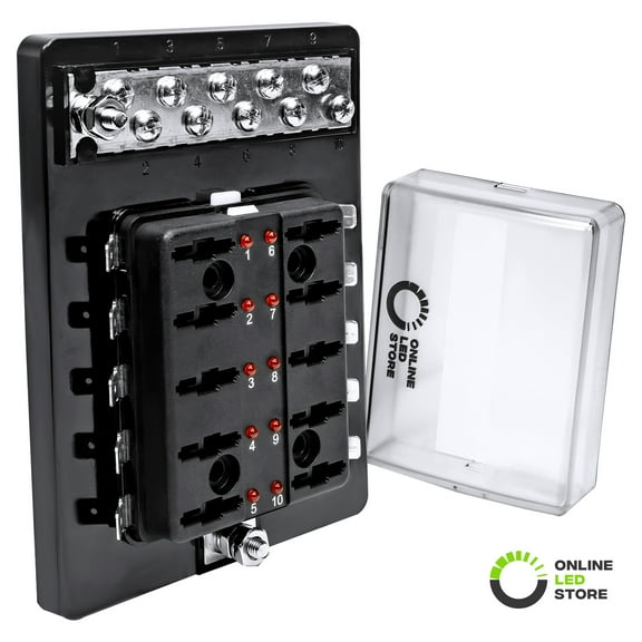 10-Circuit Power And Ground 100A Fuse Box [LED Indicator] [Copper Busbar And Terminals] [Protective PC Cover] ATO ATC Blade Fuse Block For Jeep Truck Automotive