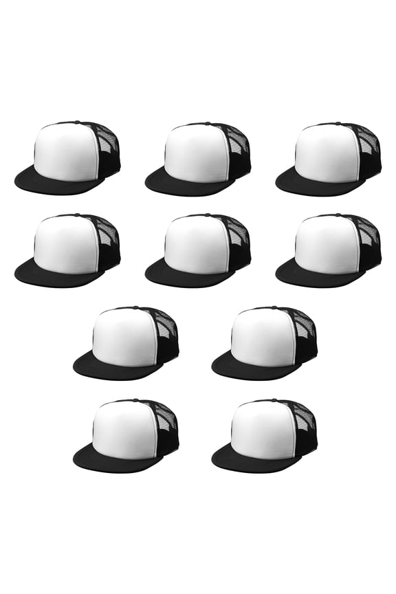 10 Classic Style Unstructured Trucker Hats Pack - Polyester, Snap Closure - Black