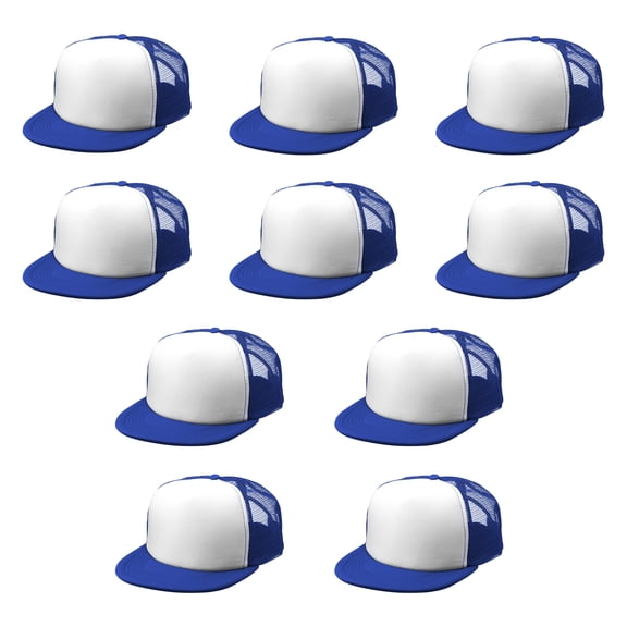 10 Classic Style Unstructured Trucker Hats Pack - Polyester, Snap Closure - Blue