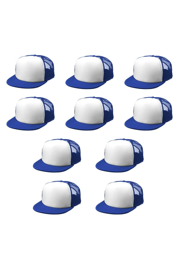 10 Classic Style Unstructured Trucker Hats Pack - Polyester, Snap Closure - Blue