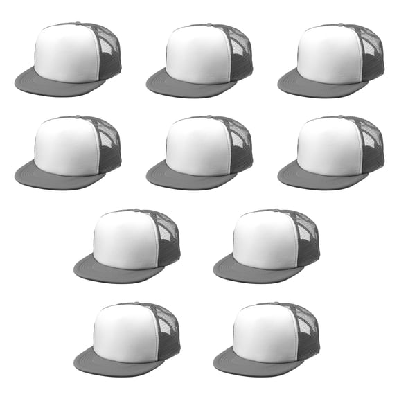 10 Classic Style Unstructured Trucker Hats Pack - Polyester, Snap Closure - Grey