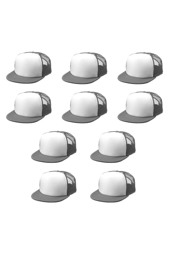 10 Classic Style Unstructured Trucker Hats Pack - Polyester, Snap Closure - Grey