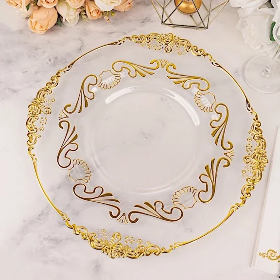 10 Clear 10 In Round Disposable Dinner Plastic Plates Gold Baroque Design Party