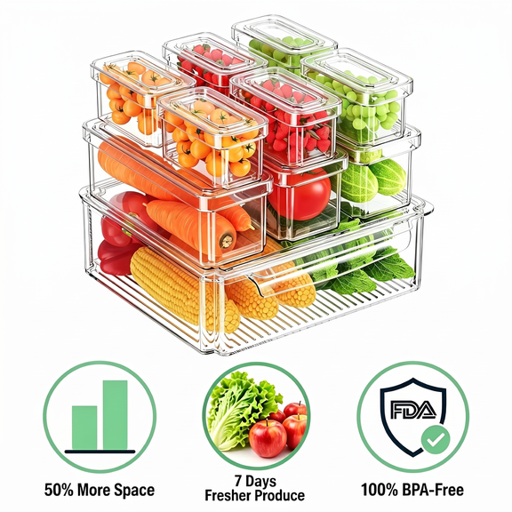 10 Pack Clear Fridge Storage Bins with Lids, Stackable Food Containers with Curved Handle, Kitchen Produce Saver for Fruits, Vegetables and Meat