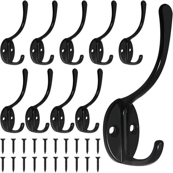 10  Coat Hooks Wall Mounted with 20 Screws,  Black Towel Hooks  Double Hooks, No Rust Retro Rustic Wall Hooks for  Towel, Coat, Scarf, Bag, Hat, Cup, Key