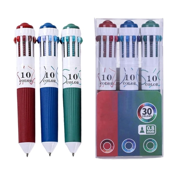 10 Color Ballpoint Pen 3 Piece Set, Multi Color Soft Grip Handbook Marker for Student Drawing