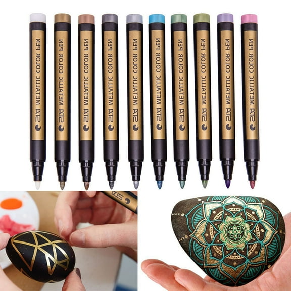10-Color Metallic Water-Based Marker Pens – Permanent Pigmented Pens for Adult Coloring, Glass Art & DIY Crafts
