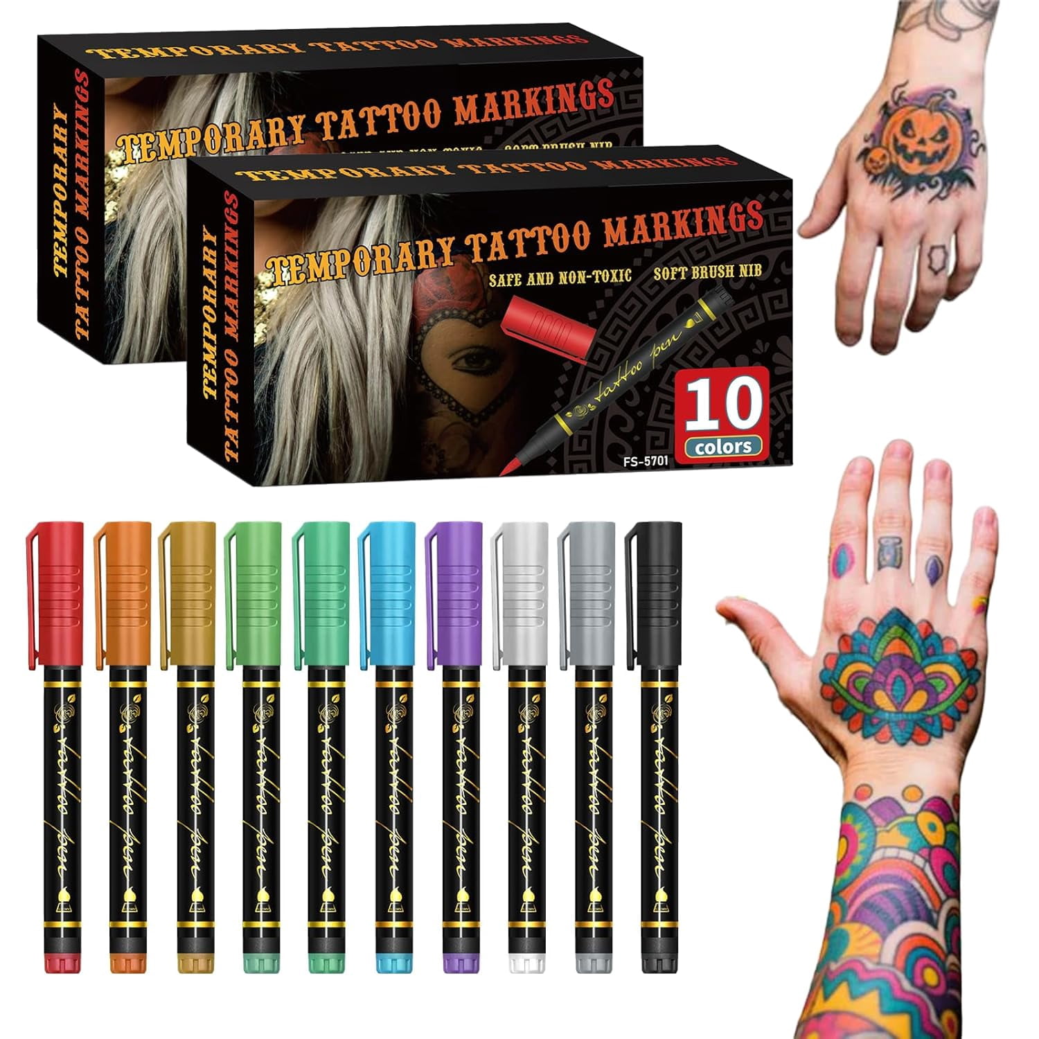 10-Color Temporary Tattoo Markers Set, Dual Tip Brush & Fine Point Body Art Pens, Washable Smudge-Resistant Makeup with Stencils for Adults, Halloween Party Face Paint Kit