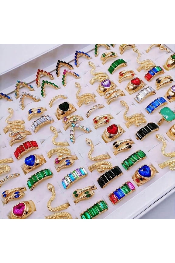 10 Colored Rhinestone Gold Pinky Rings Set Fashion Snake Heart Bar Design Adjustable Stackable Jewelry