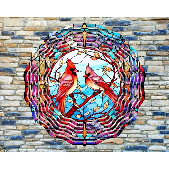 10" Colorful Cardinal Birds Stained Glass Wind Spinner Yard 3D Aluminum rws-190