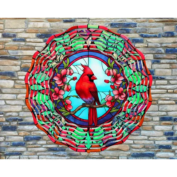 10" Colorful Cardinal Birds Stained Glass Wind Spinner Yard 3D Aluminum rws-206