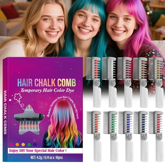 10 Colors Colorful Hair Chalk Comb, Temporary Hair Color Comb Set, Temporary Bright Hair Color Dye for Girls and Kids, Washable Hair Chalk for Party Birthday DIY Makeup Cosplay Look