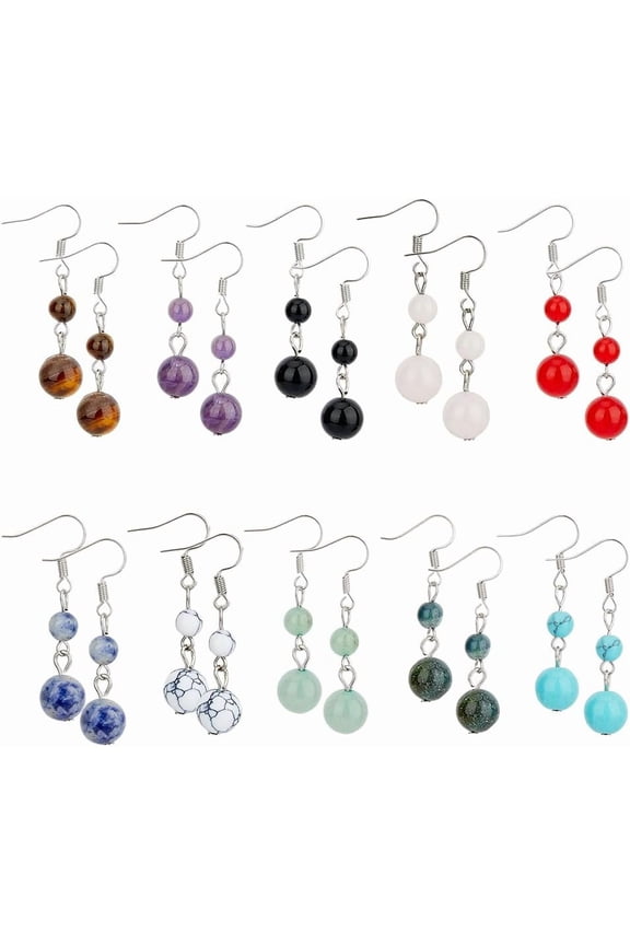 10 Colors Colorful Natural Stone Beaded Earrings Round Gemstone Dangle Earrings Lightweight Reiki Dangling Earring Inspirational Jewelry Gifts for Women Grey
