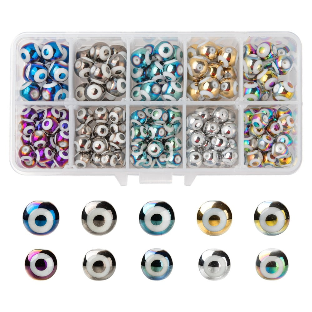 10 Colors Electroplate Glass Beads Round with Evil Eye Pattern Mixed Color 185pcs/box 1Box