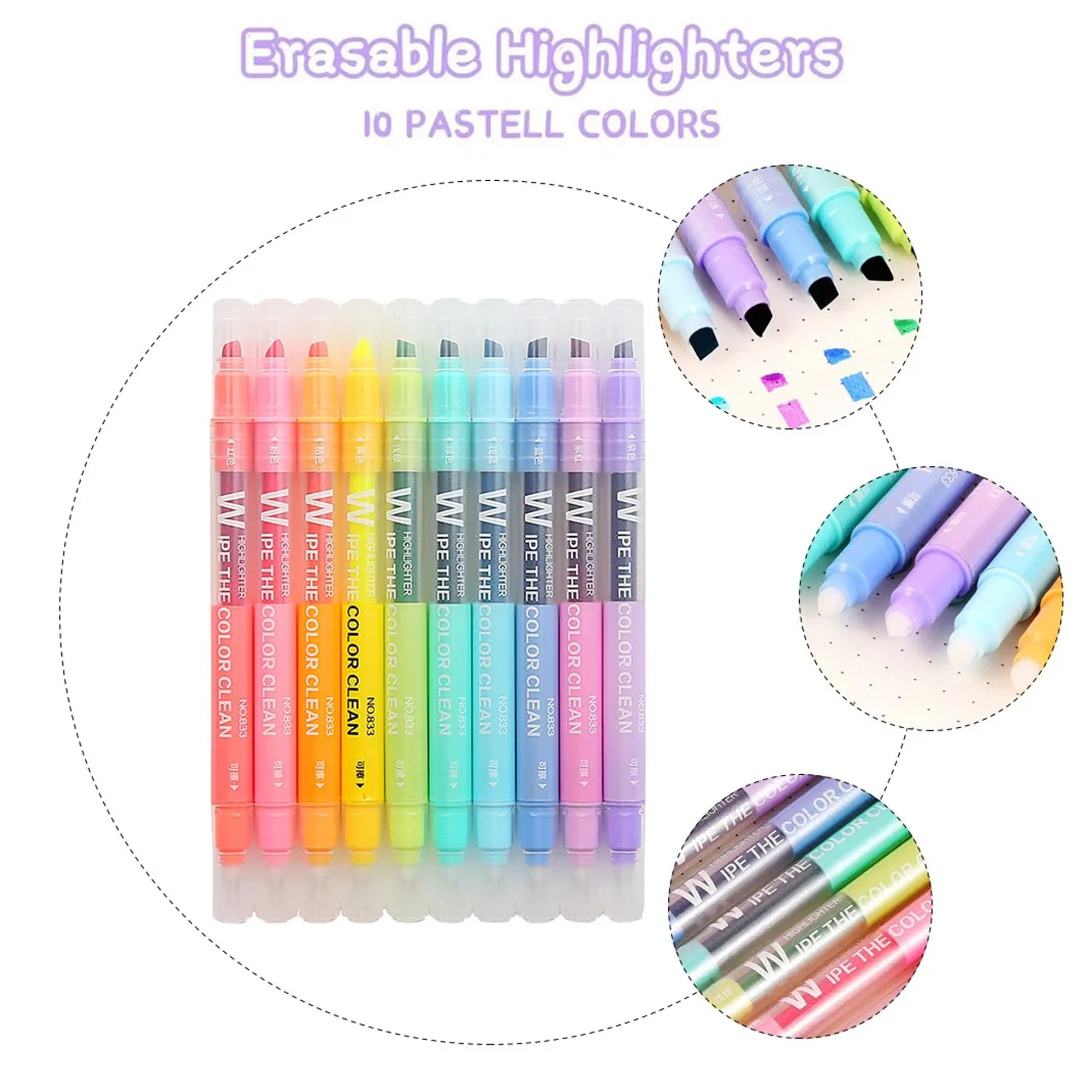 10 Colors Erasable Highlighters Double Head Pen Chisel Tip Assorted