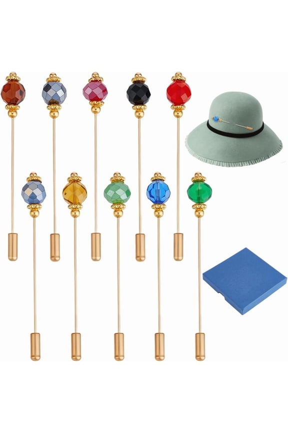 10 Colors Hat Pin Vintage Safety Brass Pins Brooches Colorful Glass Brooch Pin Stick for Tie Scarf Western Cowboy Hats Hair Accessories 3.4inch diy