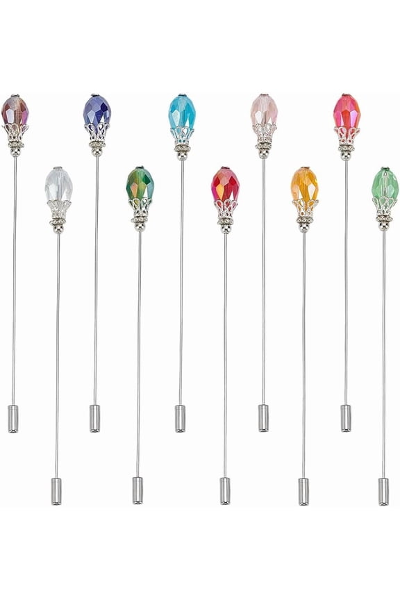 10 Colors Hat Pins Glass Beads Lapel Pin 4.8 Inch Long Handle Stick Pin with Beads Elegant Hair Suit Pins for Women Brooches Tie Hats Scarf Jewelry Accessories