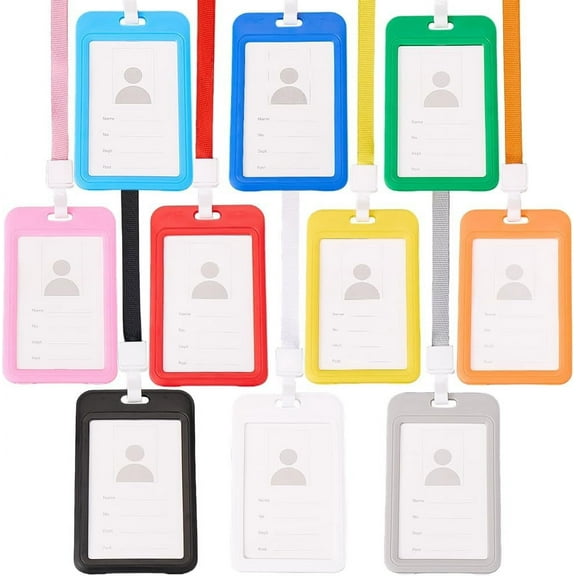 10 Colors ID Card Badge Holder with Removable Lanyard Rectangle 10Pcs Employee ID Cards Protector Clear Hall Pass Cover Case