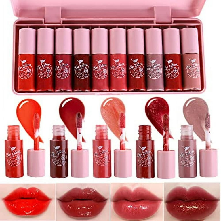 10 Colors Korean Lip Gloss Mini Lip Tint Stain Set, Long lasting Water Lip  Stains, High Pigment Moisturizing Mini Liquid Lipstick, Glitter Lip Gloss 
