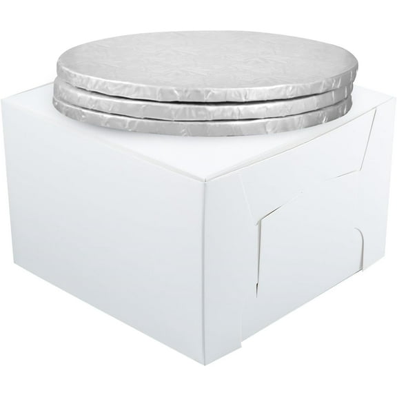 10" Combo Box Set - 10x10x5 1/2 White Cake Box with 10" Silver Round Drum 1/2", Pack of 3