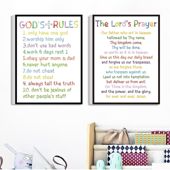 10 Commandments Wall Art for Kids, God''s Rules Colorful Rainbow Wall Decor, Lord''s Prayer Wall Art, Sunday School Gift for Nursery Classroom & Bedroom (Set of 2, 12x16 ch, Framed)