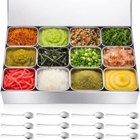 10 Compartment 304 Stainless Steel Seasoning Condiment Container with Lids and Spoons