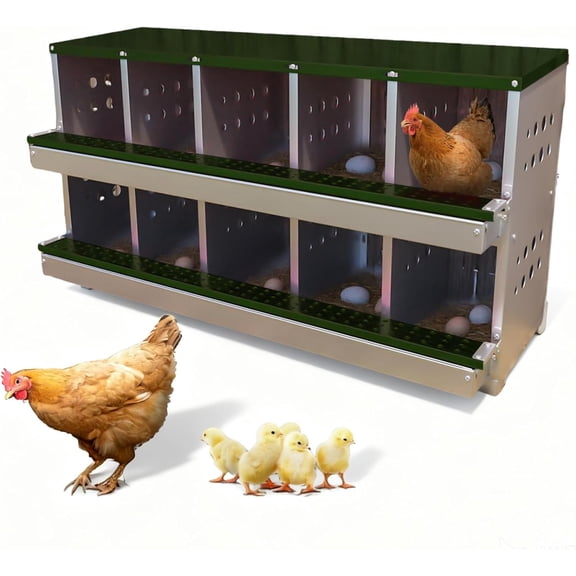 10-Compartment Chicken Nesting Box Roll Away Egg Laying Box with Front Tray Galvanized Steel Hen Nest Box with 10 Training Eggs for Coop Green