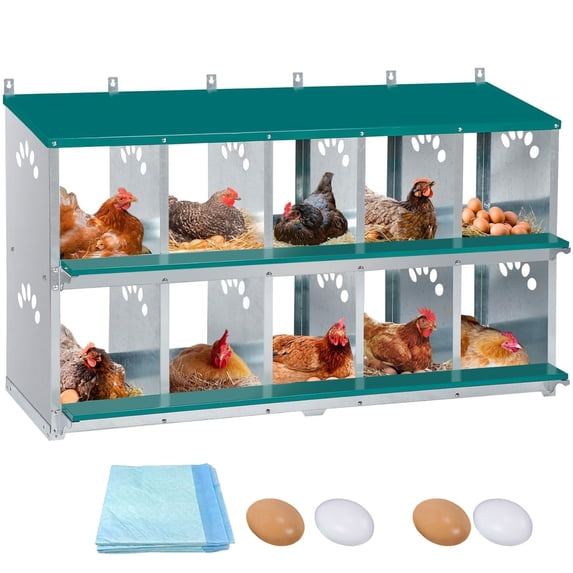 10 Compartment Large Metal Chicken Nesting Boxes for Laying Eggs, Heavy Duty Metal Nest Boxes for Chicken and Poultry to Collect Eggs, Includes 4 Fake Eggs & 10 Soft Nest Pads Pads