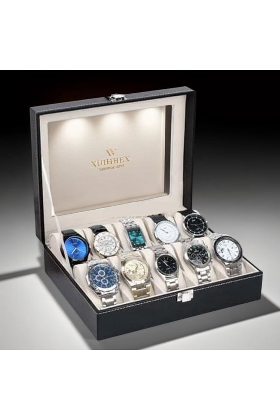 10-Compartment Premium Leather Watch Collection Storage Box, Luxury Display Case, Black
